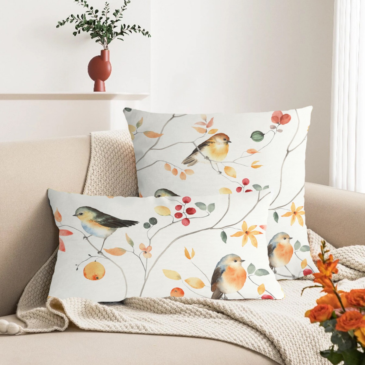 Cross-border Super Soft Short Plush Flower and Bird Printing Pillow Waist Pillow Home Decoration Sofa Cushion Cover_voghion.com