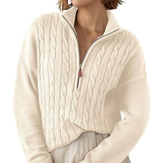 Cross-border Amazon women's short-sleeve sweater 2026 autumn and winter half-high collar zippered ribbed cable knit pullover loose fit