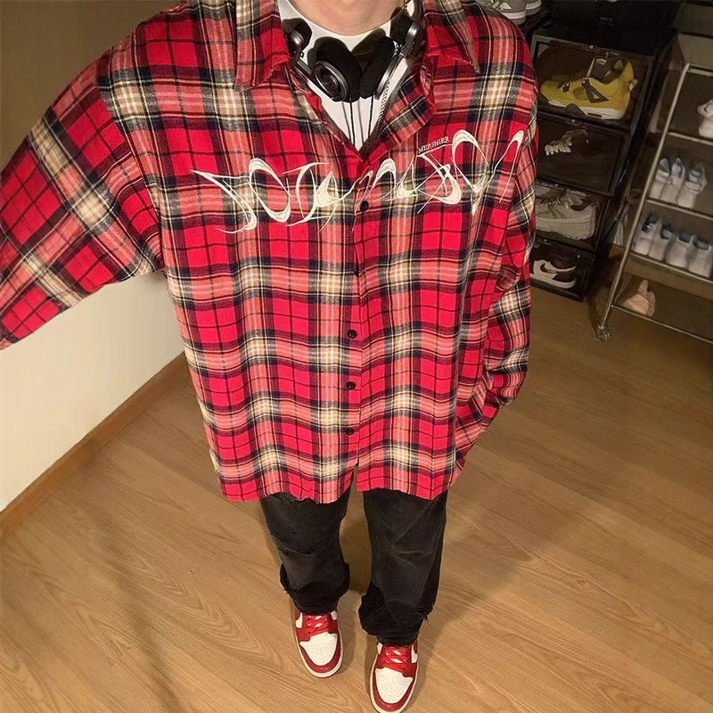 American Embroidered Red Plaid Shirt Women's Long Sleeve Loose Spring and Autumn High Street Design Sense Niche Thin Shirt Jacket