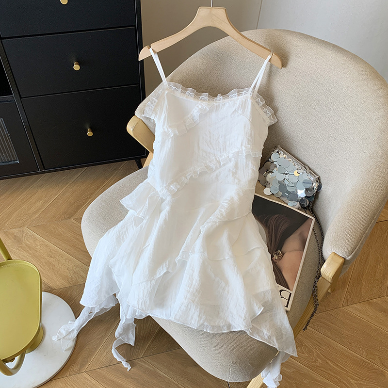 French Ruffled White Suspender Dress for Women Summer Irregular Hem Ribbon Vest Dress Tulle Fairy Skirt