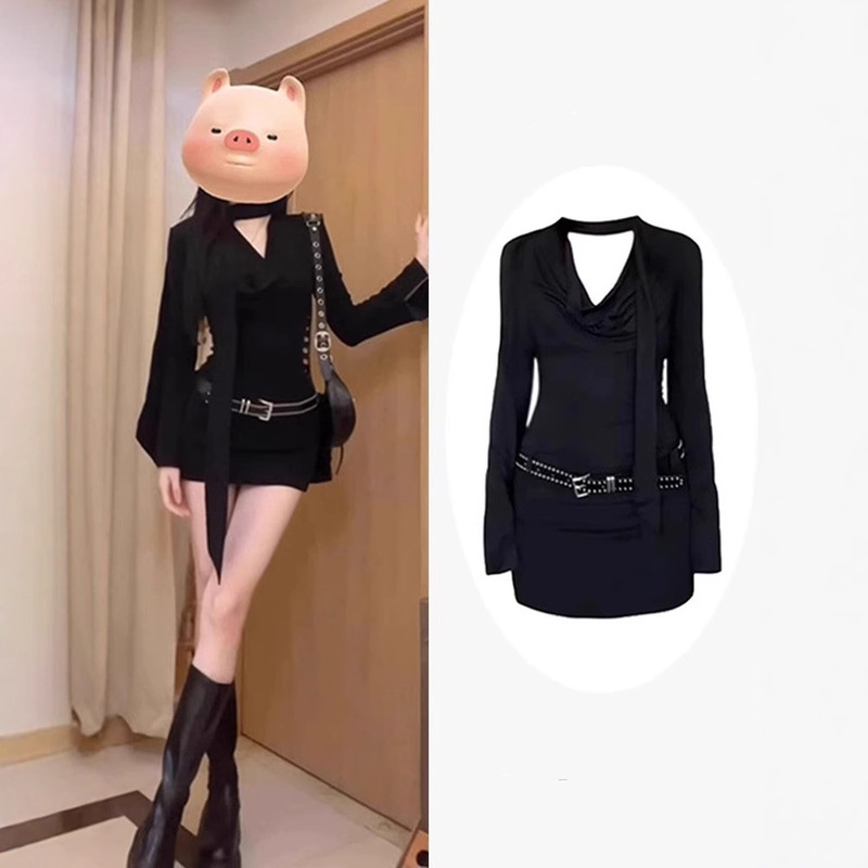 Dating Fishing Style Black Long-sleeved dress Women's Autumn New Design Sense Niche Slim-fit Slim-fit Sheath Short Skirt