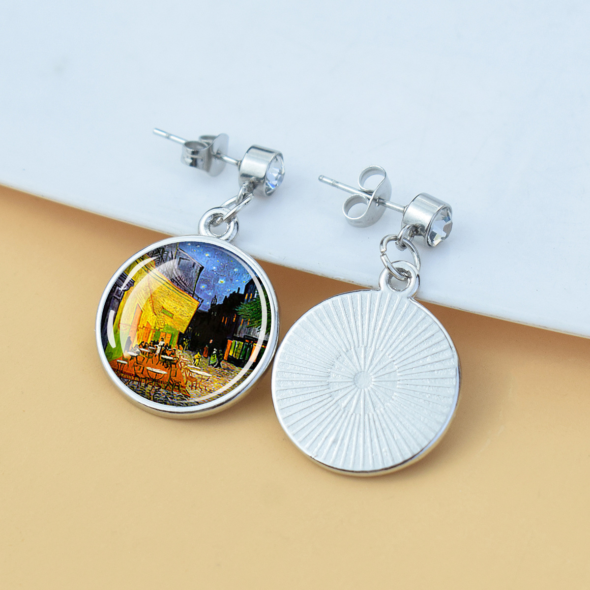 Pendientes de diamantes brillantes de flores Iris de girasol Van Gogh Art Starry Sky Pintura al óleo Pendientes de estilo europeo y americano medieval