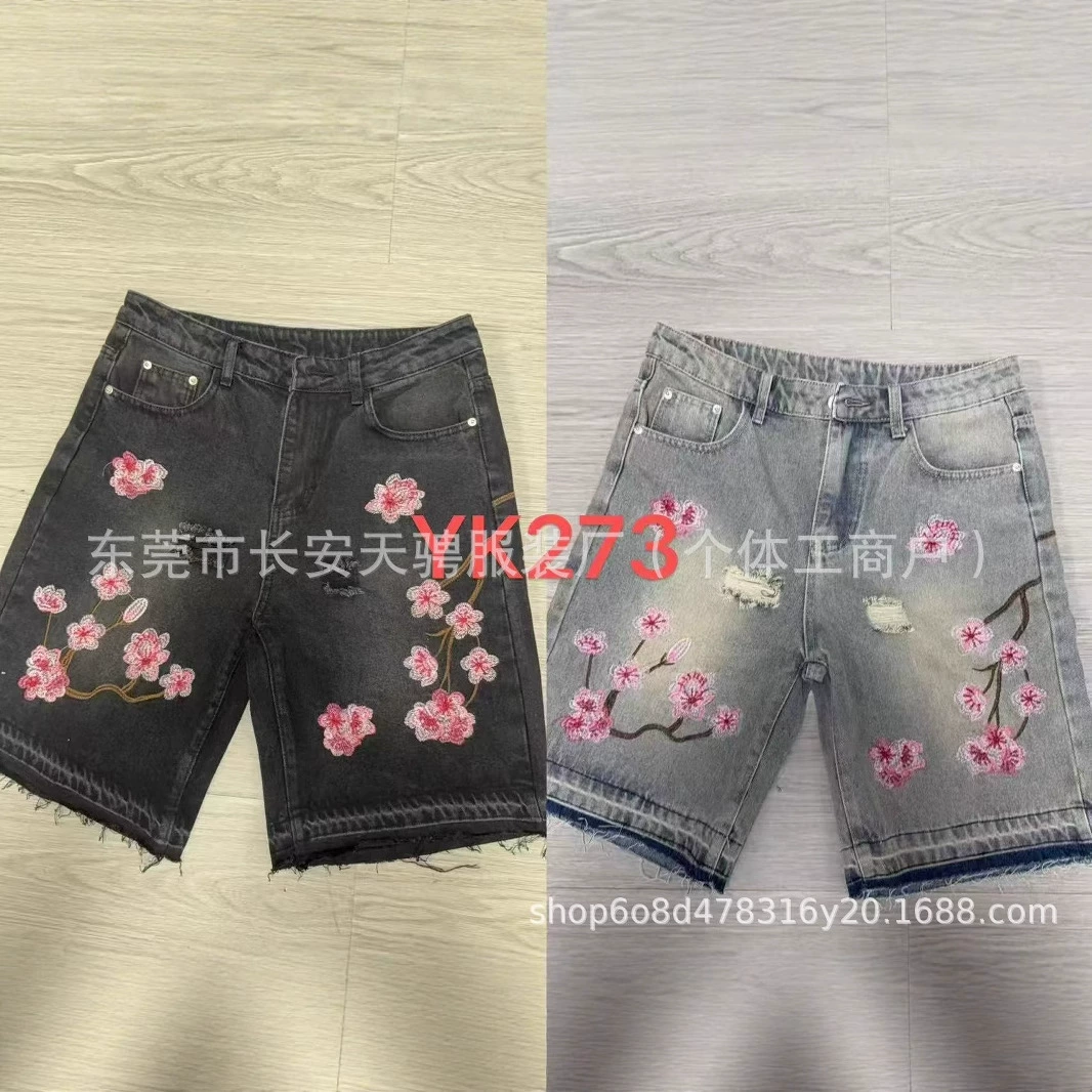 Трендовые модные ретро шорты, джинсовая юбка для мужчин и женщин, (Cross-border trading), американский стиль, цветочный принт, с вышивкой