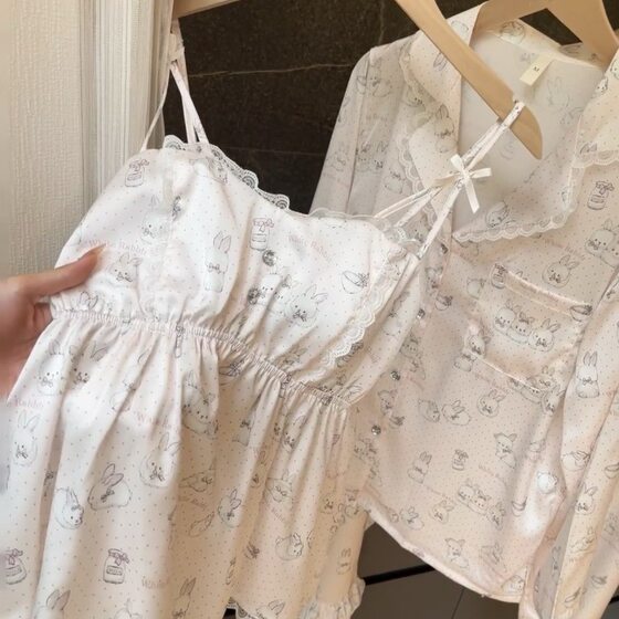 [Dundun Rabbit] Spring and Autumn New Ice Silk Ruffled Sweet Home Clothes Girl Cute Long Sleeve Pajamas suit