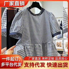 夏季小清新甜美格子后背系带短袖衬衫上衣女胖MM大码宽松减龄衬衣