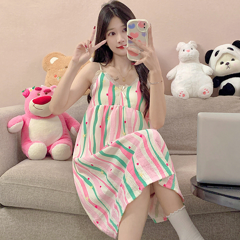 Nuevo vestido de pijama dulce mujer de algodón encantador simple estriado vestido de pijama casero falda en vivo comercio exterior al por mayor
