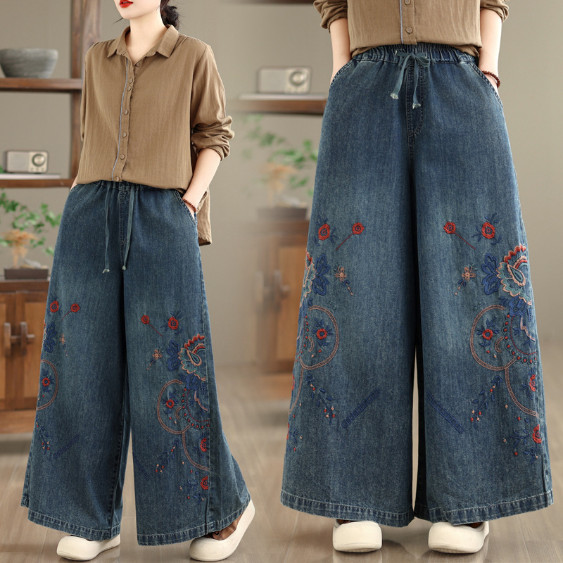 Real Shot of the New 26 Spring/Summer Ethnic Style Heavy Embroidery Floral Loose-Fitting Tie-Waist Straight Wide-Leg Jeans