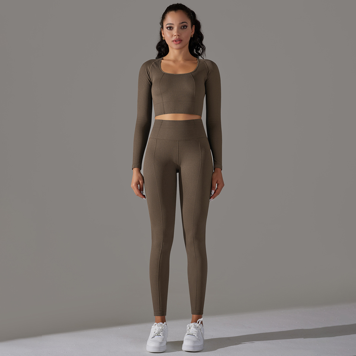Women's Jacquard Yoga Dress Long Sleeve Suit High Waist Hip Tights Fitness Sportswear_voghion.com