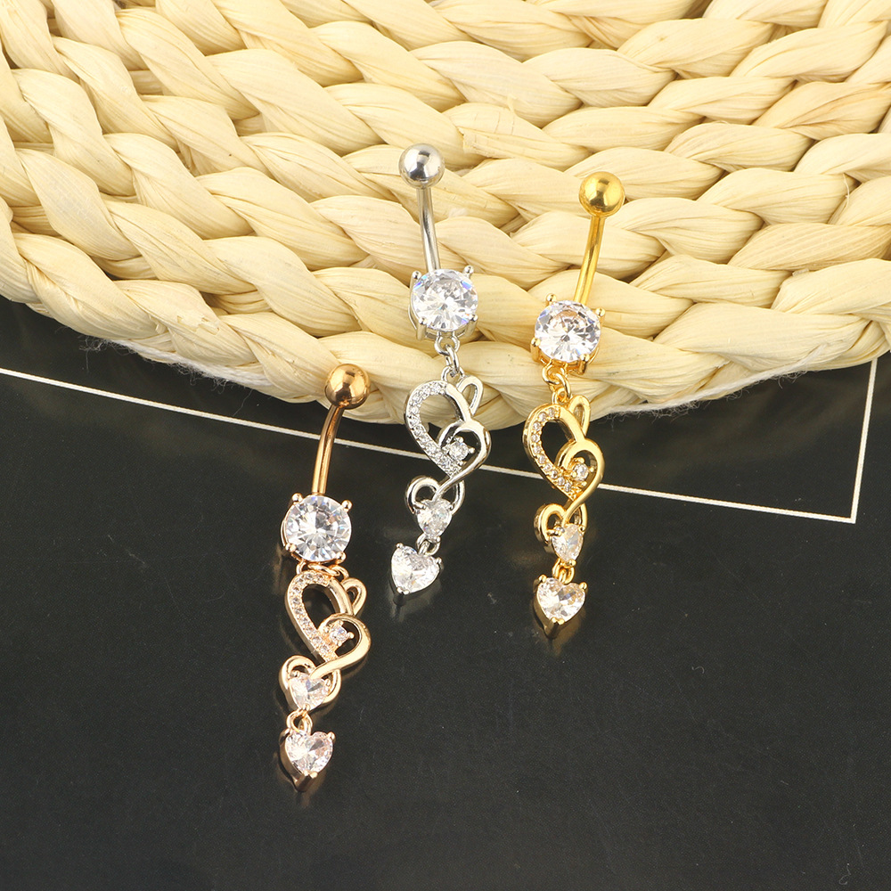 Double Heart Long Zircon Belly Button Ring Navel Piercing Jewelry Rose Gold detail image 8