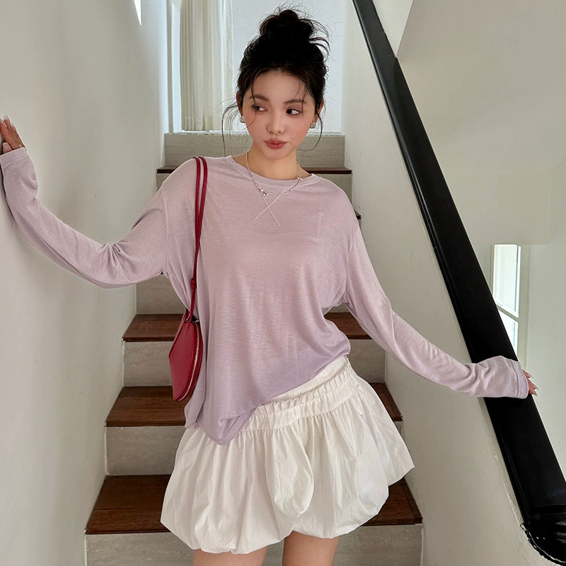 Long-Sleeve Round-Neck Top, lightweight wool blend, summer solid, one size (2–10 colors)