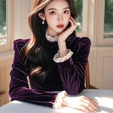 2025秋冬新款金丝绒打底衫半高领荷叶拼接打底衫上衣外穿遮肉