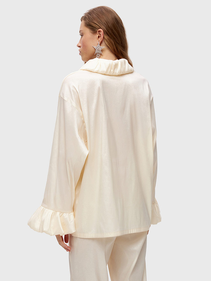Bộ đồ ngủ dài tay dài quần viền bèo nhún phong cách Âu Mỹ, áo cardigan cài nút — Màu be chi tiết 34