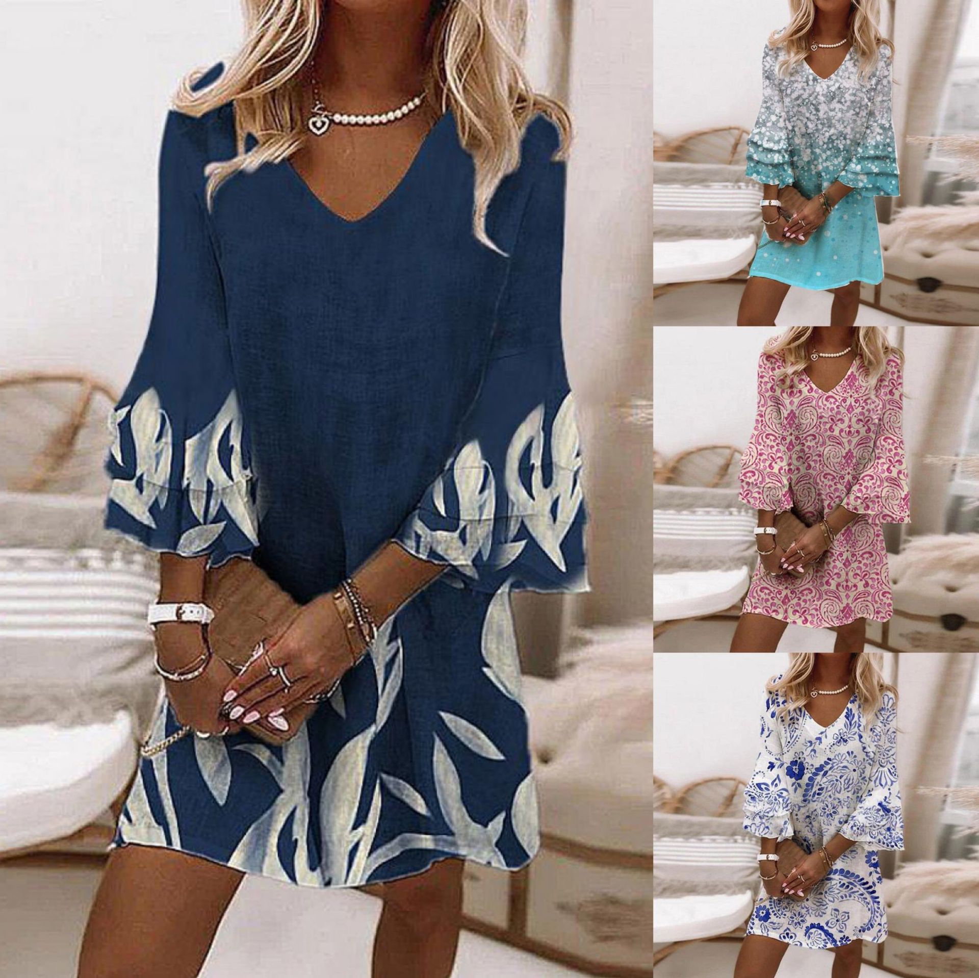 Nuevo estilo transfronterizo europeo y americano Amazon AliExpress Wish estampado fresco con cuello en V 3/4 manga mini vestido de mujer