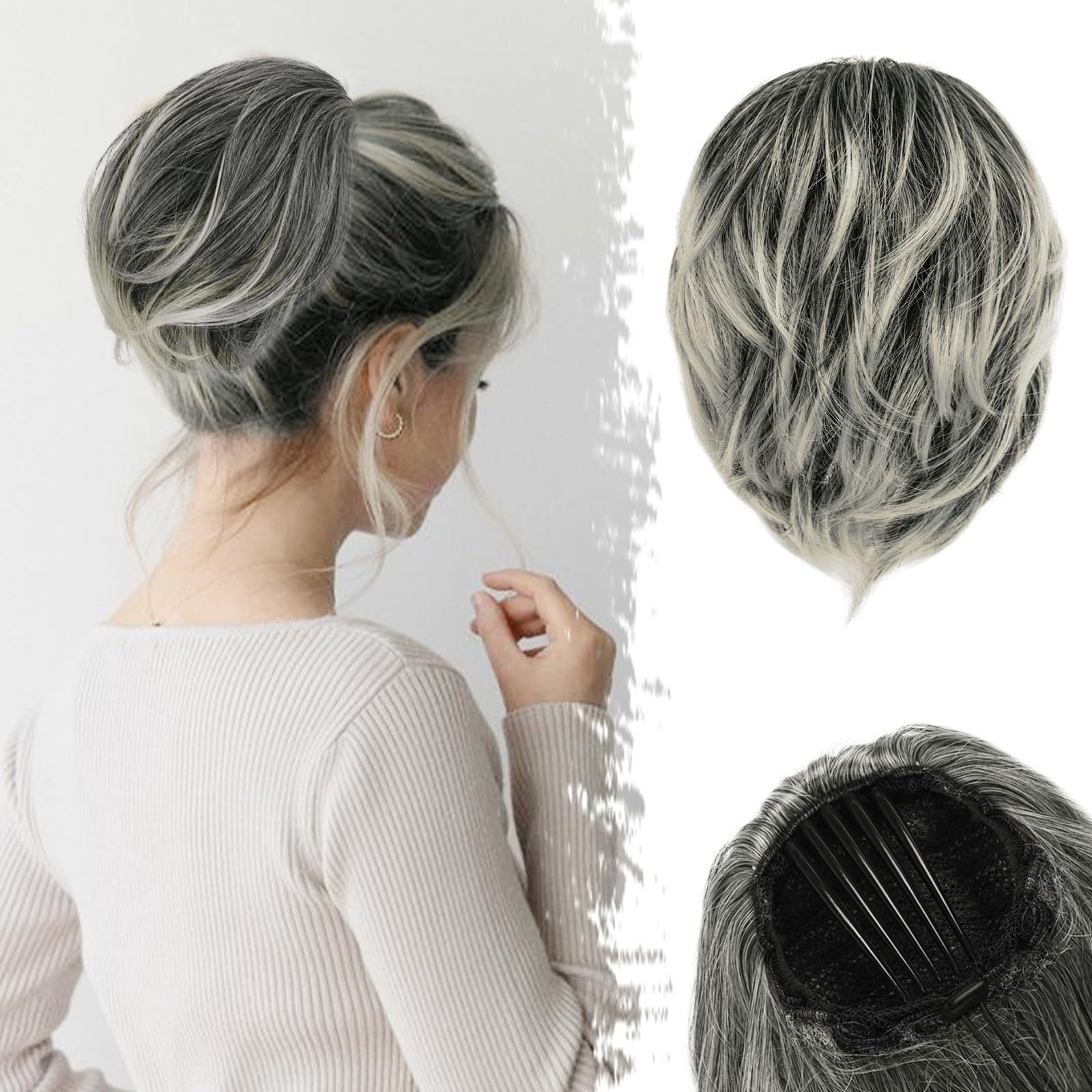 Hair comb clip drawstring short wave ponytail black gray