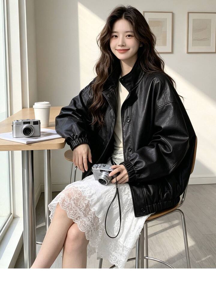Áo khoác da PU cổ đứng dáng rộng phong cách retro, kiểu biker, dài tay, có lót — Màu đen [Chất lượng cao, có lót vải] chi tiết 7