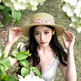 高品质油画风平顶草帽女夏季逛街遮阳防晒礼帽显脸小海边度假帽子