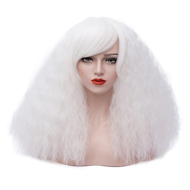 Peluca sintética Peluca de mujer con flequillo inclinado Superficie de espuma rizada Bigotes de maíz Pelo rizado largo y esponjoso Blanco Negro y dorado_voghion.com