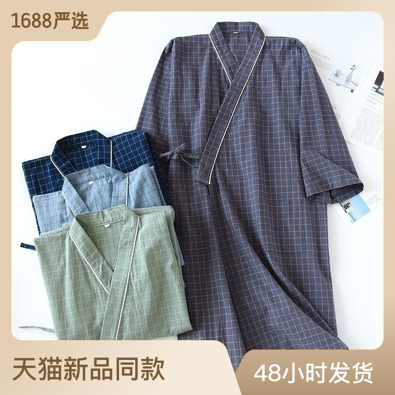 格子日式和服睡袍男士春夏季纯棉棉布薄款宽松汗蒸情侣浴袍家居服