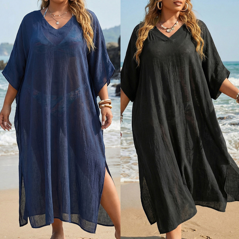 Women's Beach Cover-Up European and American Plus-Size Women's Clothing Summer V-Neck Loose Casual Dress with Slit and Floor-Length Skirt Women's Beach Cover-Up European and American Plus-Size Women's Clothing Summer V-Neck Loose Casual Dress with Slit and Floor-Length Skirt