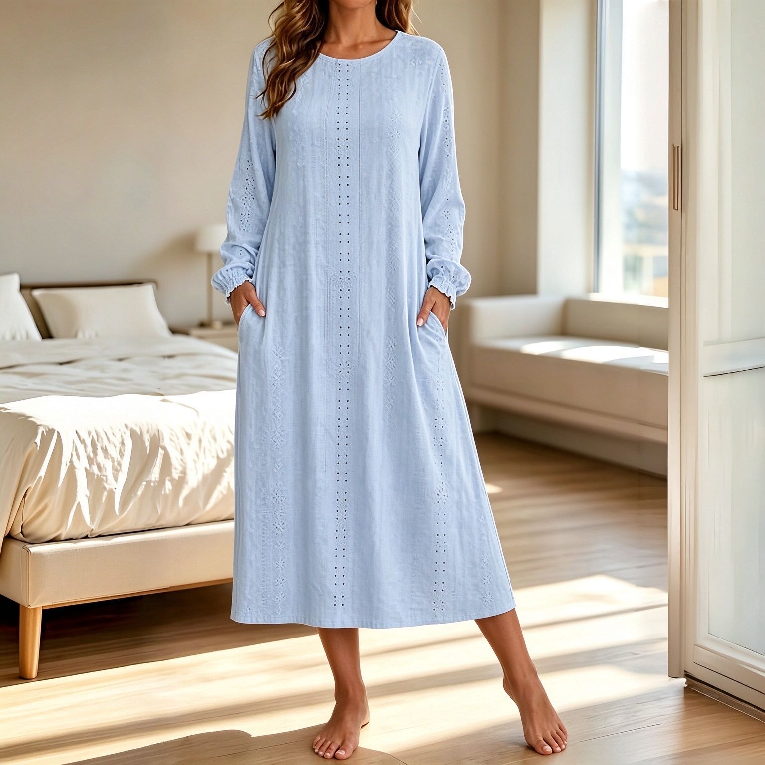 【Anuo's Self-Developed】European and American cross-border hollow-out long-sleeve nightgown for women, loose-fitting long home wear with pockets, comfortable for export