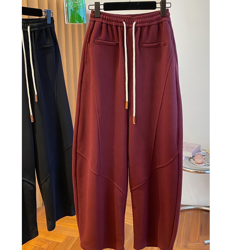 ANCOLA RED 기모 바나나 바지 여성의 가을과 겨울 2024 새로운 느슨한 가시가 바지 낫 바지 빨간 바지