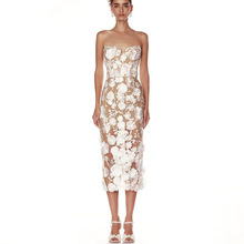 新品跨境蕾丝立体花朵饰欧美女装性感抹胸连衣裙轻奢名媛晚宴礼服