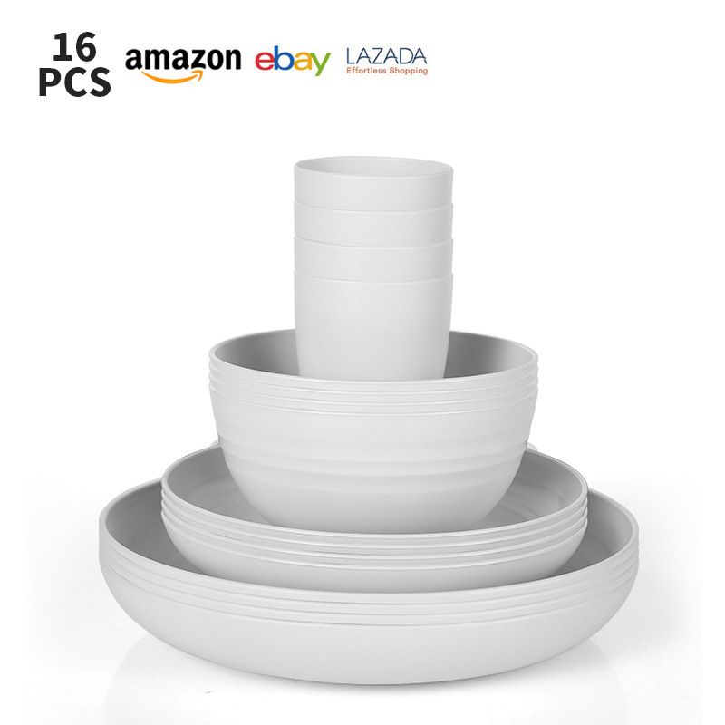 Export foreign trade supply milk white wheat straw PP bowl plate 16 piece set thickened bowl cup gift set