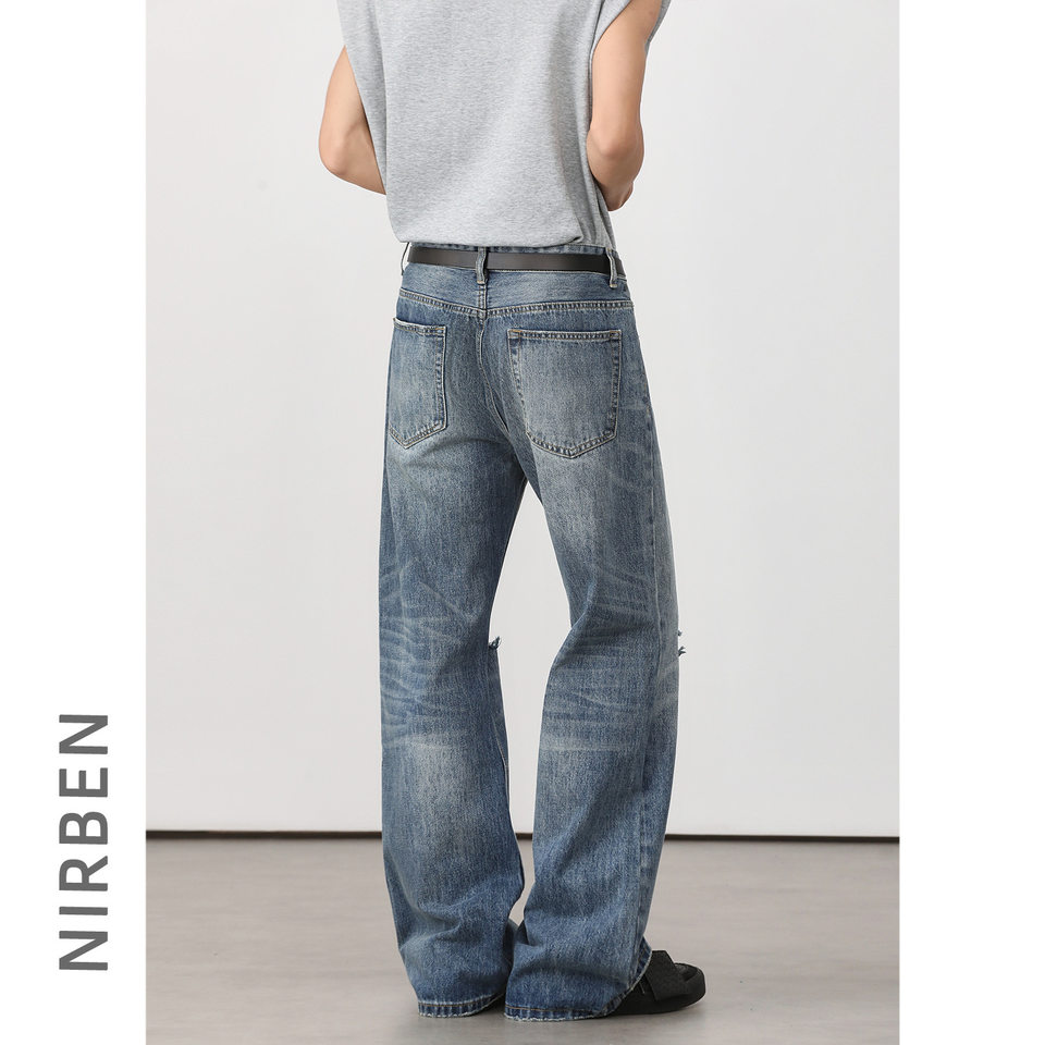 Quần jean nam ống loe nhẹ rách gối phong cách retro, dáng rộng ống suông tôn dáng, quần dài casual — Xanh nhạt, Xanh đậm