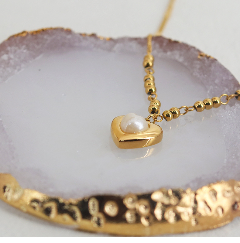 Fashion Heart Shape Titanium Steel Inlay Pearl Pendant Necklace 1 Piece