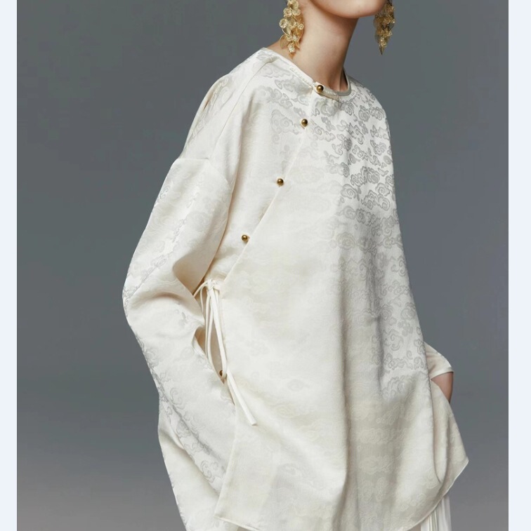 [Special Offer] Auspicious Cloud Pattern Silk Acetate Jacquard Round Neck New Chinese Style Button-Up Shirt