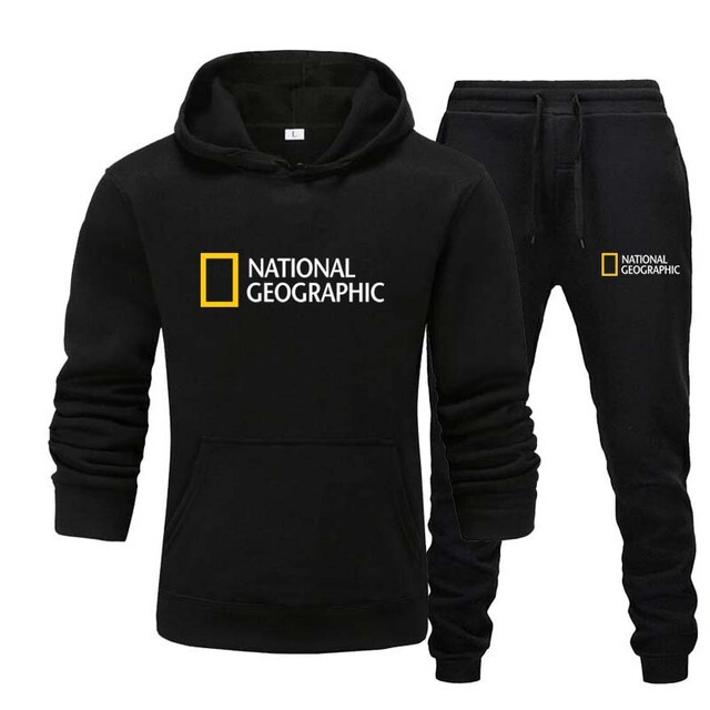 Cross-Border men's suit National Geographic printed hooded sweater fleece-lined thickened autumn and winter men's sports sweater suit