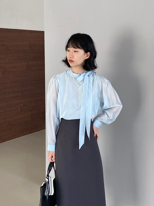 江左 蝴蝶结飘带天丝半高领长袖衬衫女秋季新款通勤衬衣小衫 1186|undefined