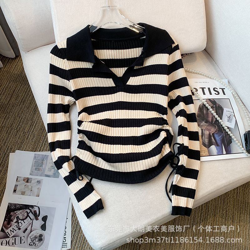Knitted Sweater for Women, New Spring and Autumn Korean Style Fashion Versatile Casual Turn-Down Collar Striped Drawstring Slim-Fit Base Shirt Top