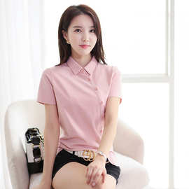 新中式小众设计国潮风修身斜门筒纽扣开衫女装短袖纯色棉衬衫7329