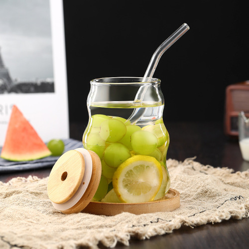 Ins style high-looking heat-resistant wave cup coffee milk transparent glass cup high borosilicate glass straw cup
