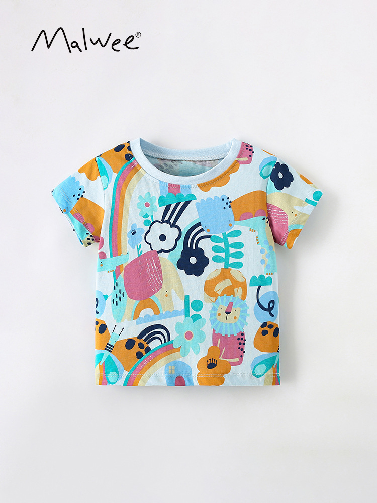 Malwee niños de manga corta ropa de verano nueva camiseta europea y americana para niños pequeños cuello redondo casual impresión guapo chaqueta infantil