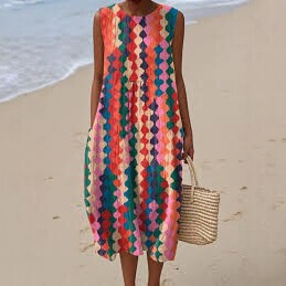 2026 Spring New Style Seaside Resort Style V Neck Printed Loose Dress Women's Casual Beach Dress Digital Print