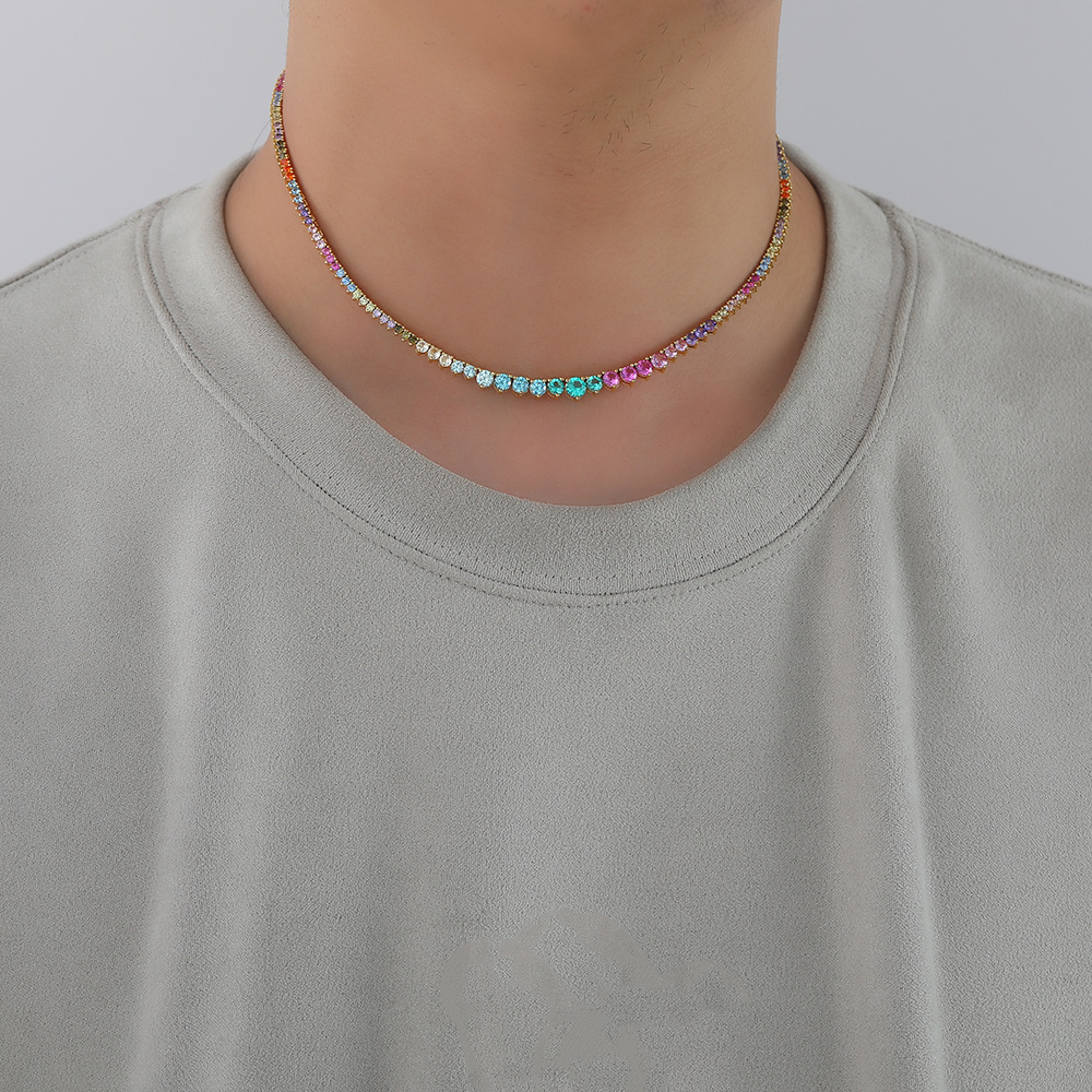 Tennis Chain Chain Type 1 Piece Quantity Three-Claw Gradient Color Zircon Tennis Necklace New Trendy Unique Chain Hip Hop Style Style Twin