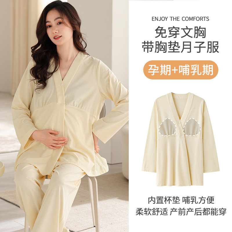 Spring and Autumn Cotton Kimono Pregnant Women's Pajamas Women's Long-sleeved suit Maternity Breastfeeding Clothes Cotton Sense Women's Home Clothes