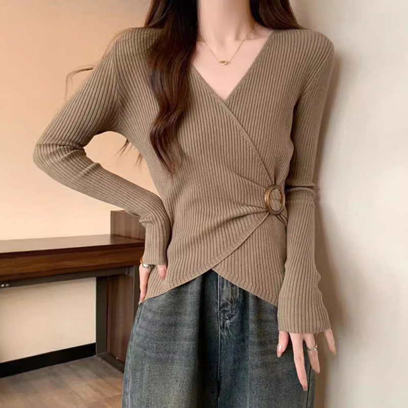 小香風Vネックリブ編みインナーシャツTシャツレディース春秋新作ゆったり着痩せ大きいサイズ純欲系トップス女性用|undefined
