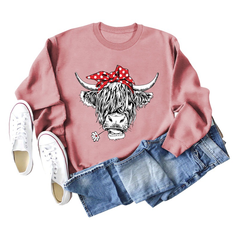 Amazon transfronterizo Comercio exterior casual manga larga cuello redondo camisa arco rojo vaca diversión impresa suelta suéter de las mujeres