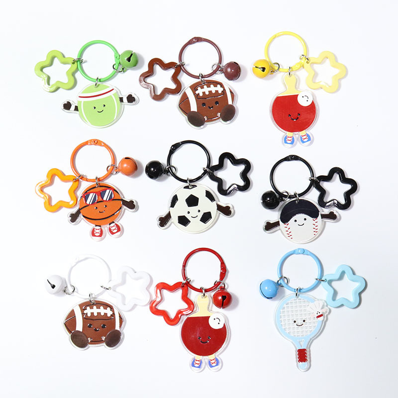 Cute Cartoon Badminton Table Tennis Football Rugby Bell Keychain Earphones School Bag Pendant Tennis Gift