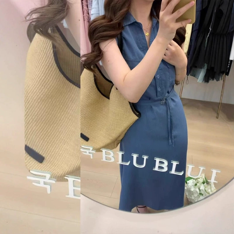 OK-184 нишевая элегантная длинная юбка с синими лацканами, уменьшающая возраст, летнее модное шикарное платье с высокой талией для женщин