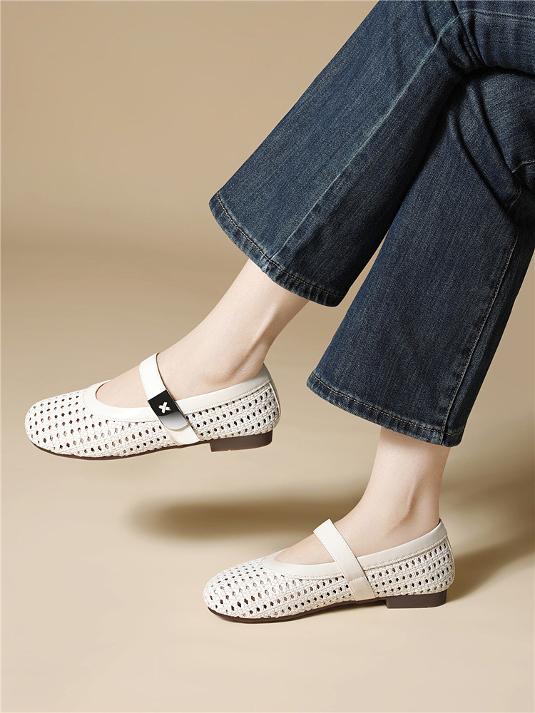 Dép sandal nữ da thật dệt rỗng mũi tròn đế bệt quai chữ V — 6057 Màu cà phê, 6057 Màu be chi tiết 13