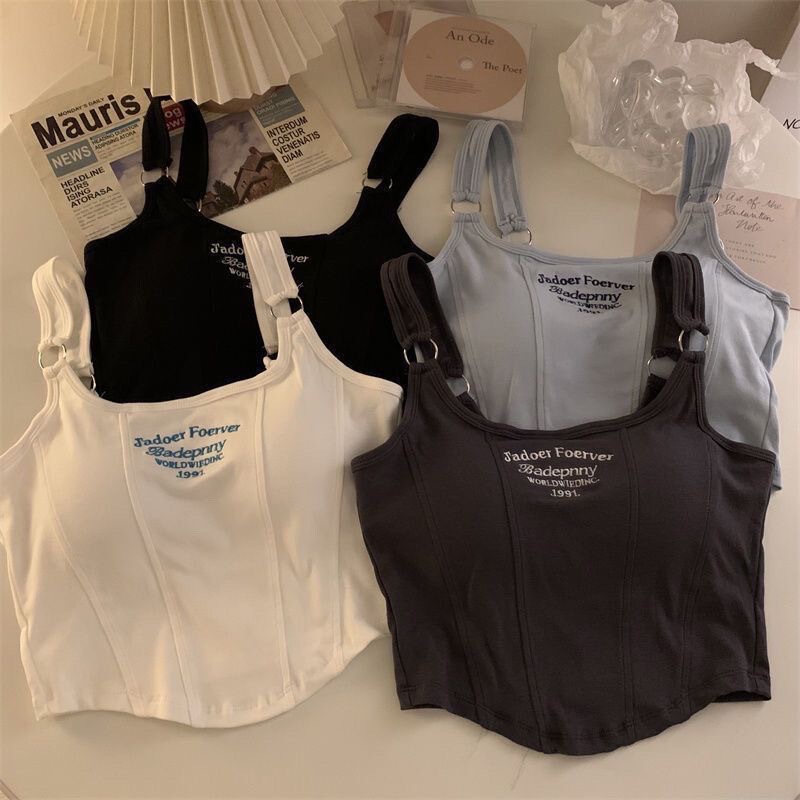 Seamless New Style Hot Girl Pure Desire Camisole with Chest Pads for Outer Wear, Slim Fit Embroidered Letter Short Sleeveless Top Seamless New Style Hot Girl Pure Desire Camisole with Chest Pads for Outer Wear, Slim Fit Embroidered Letter Short Sleeveless Top