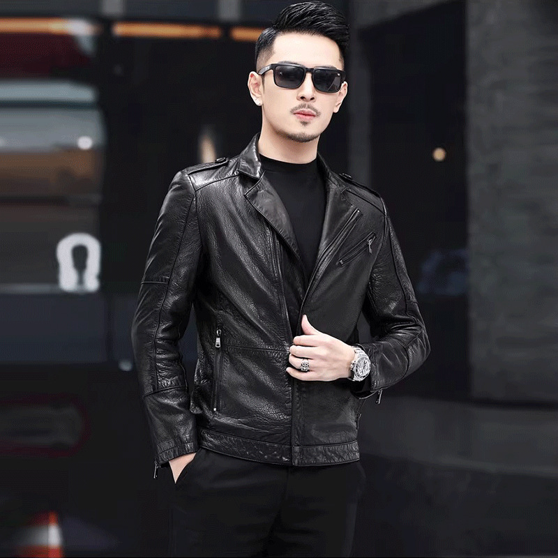 2026 New Style Oil-Waxed Sheepskin Leather Jacket for Men, Short Motorcycle Leather Jacket, Fashionable Casual Leather Coat with Turn-Down Collar 2026 New Style Oil-Waxed Sheepskin Leather Jacket for Men, Short Motorcycle Leather Jacket, Fashionable Casual Leather Coat with Turn-Down Collar