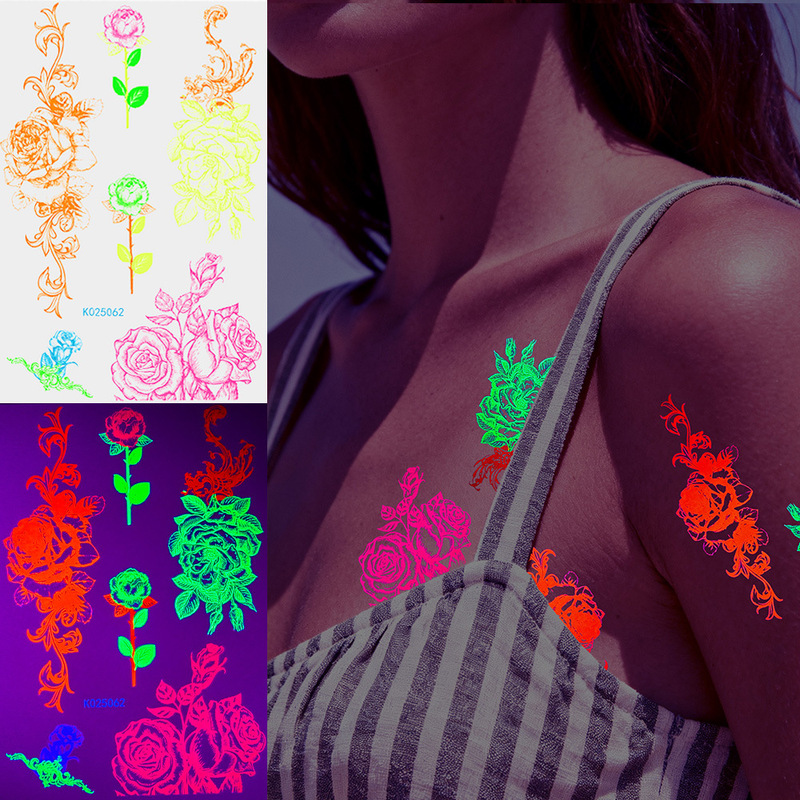 Fluorescent Rose Tattoo Stickers, Colorful Floral Patterns, Waterproof and Long-Lasting, Nightclub Disco Party Luminous Tattoo Stickers Fluorescent Rose Tattoo Stickers, Colorful Floral Patterns, Waterproof and Long-Lasting, Nightclub Disco Party Luminous Tattoo Stickers