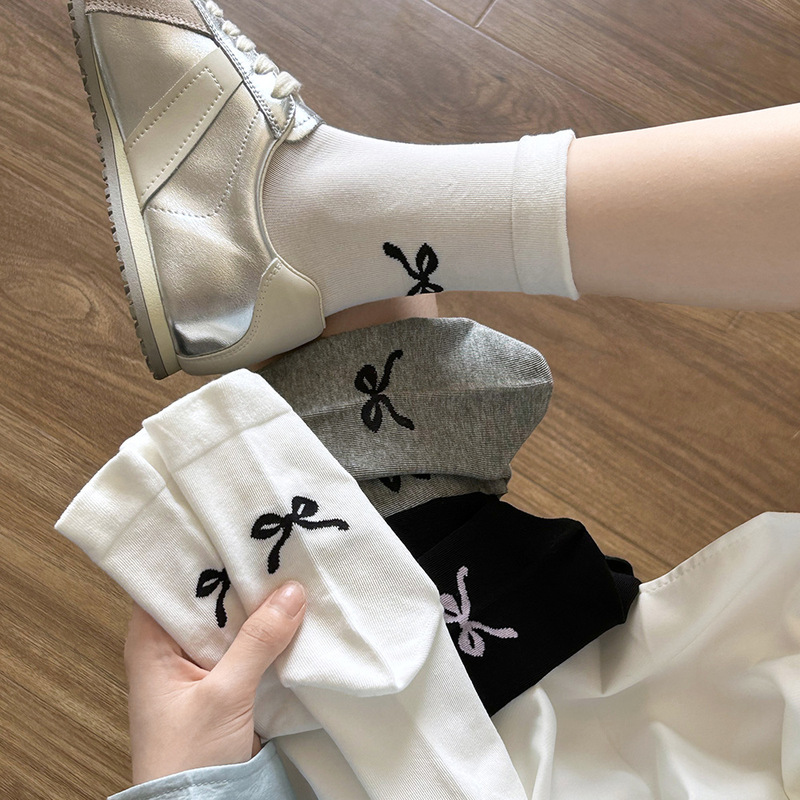 袜子女中筒袜纯棉抗菌秋季蝴蝶结堆堆袜芭蕾风无骨纯色棉袜长袜|undefined