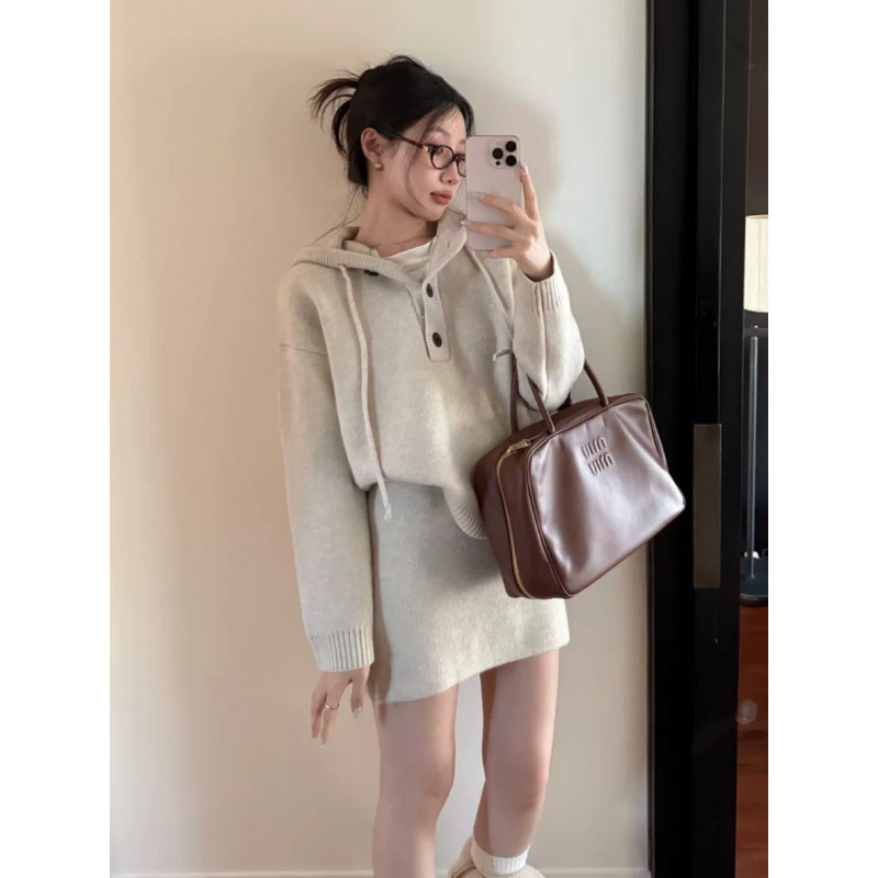 宽松休闲慵懒风连帽加厚毛衣显瘦半身短裙两件套女秋冬季时尚套装