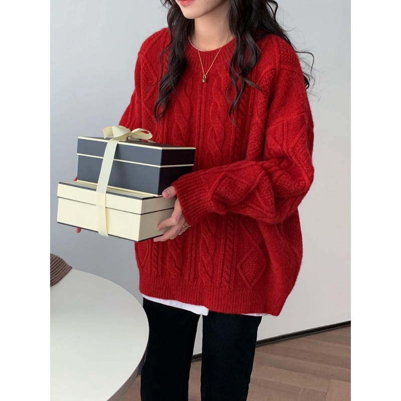 Red sweet milk-style soft glutinous sweater for women in autumn and winter new style, loose and thickened inner Christmas pullover top
